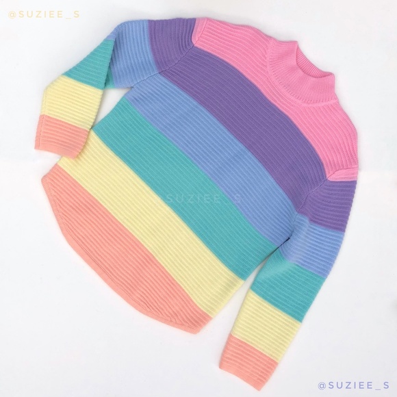 UNIF Frost Pastel Rainbow Striped Oversized Ribbed Mockneck Sweater XS - Picture 7 of 16